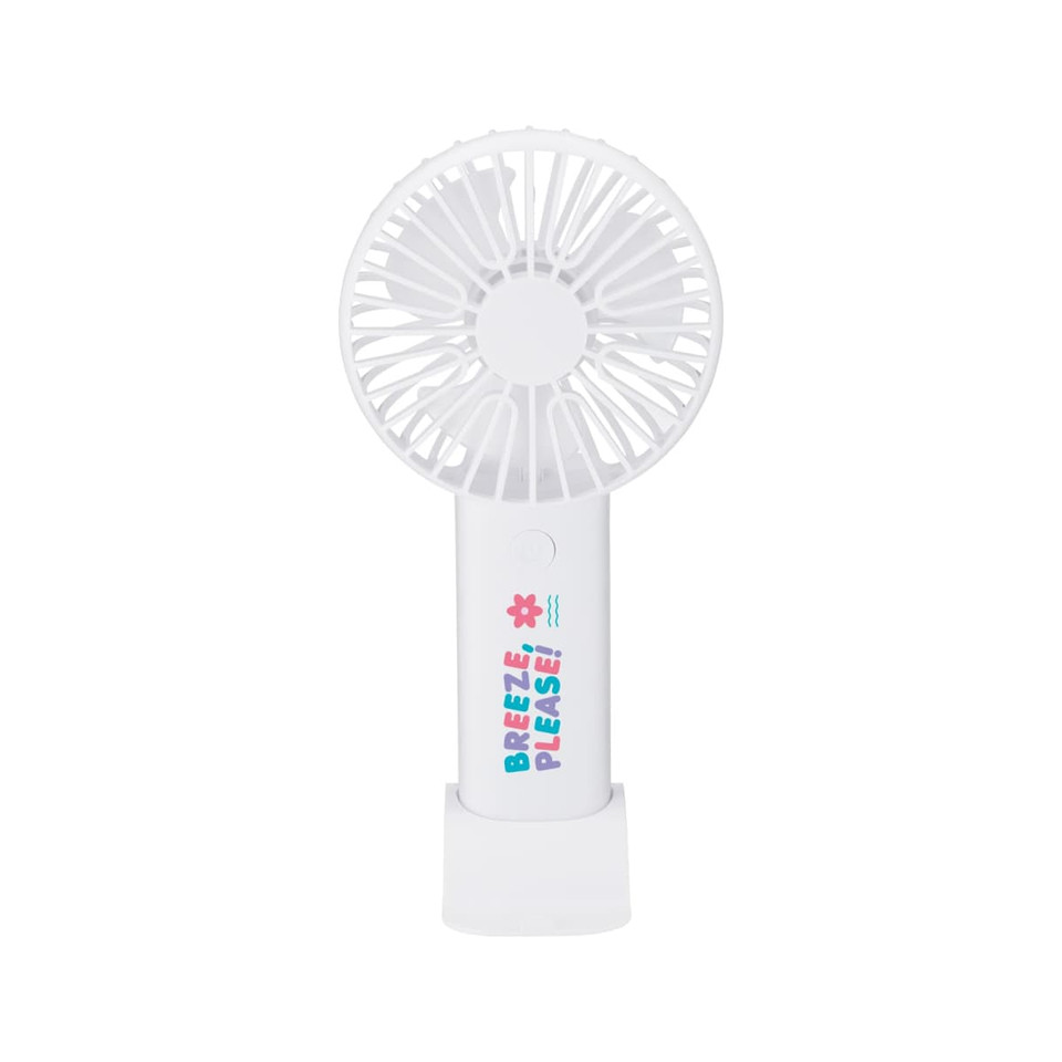 A white portable fan with a decorative logo on the handle, featuring a flower design and playful text.