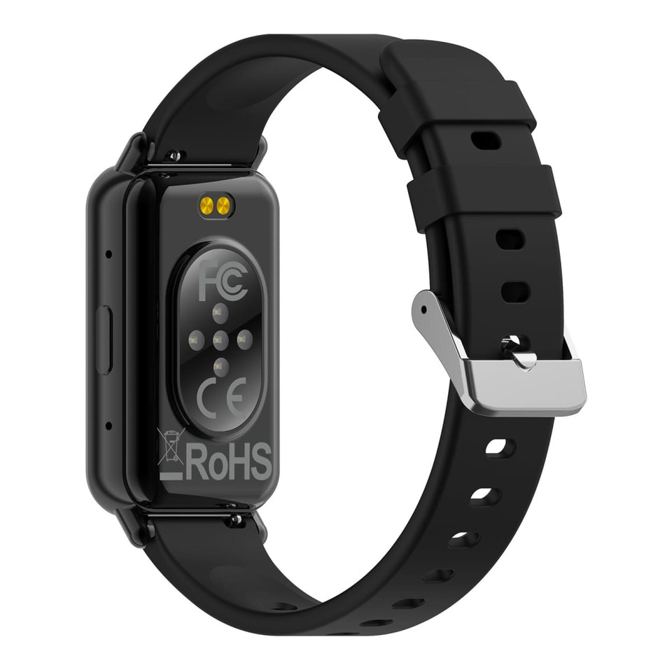 A slim black smart watch with a black strap, featuring a silver buckle and a logo on the back.