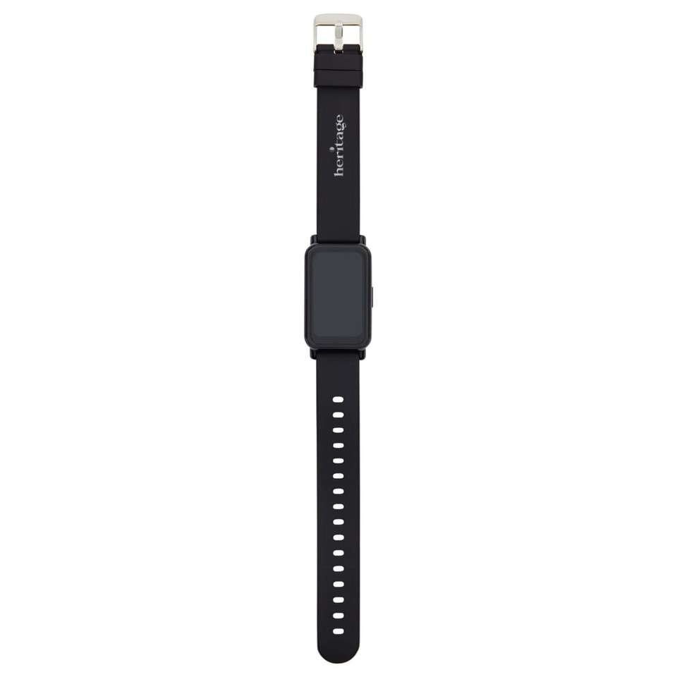A slim black smart watch with a rectangular face and adjustable strap. It features a logo on the band.