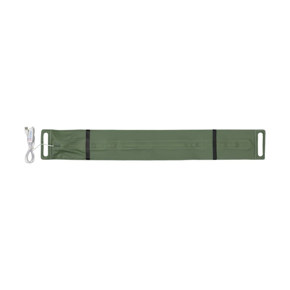 A long, olive green foldable camp light with a power cable attached. It features two handle openings.