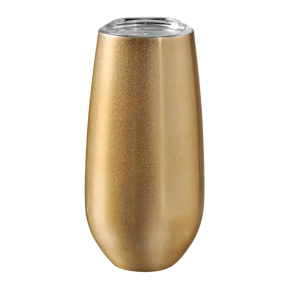 A drink bottle in gold with a sleek design and transparent top, featuring a logo. Suitable for beverages.