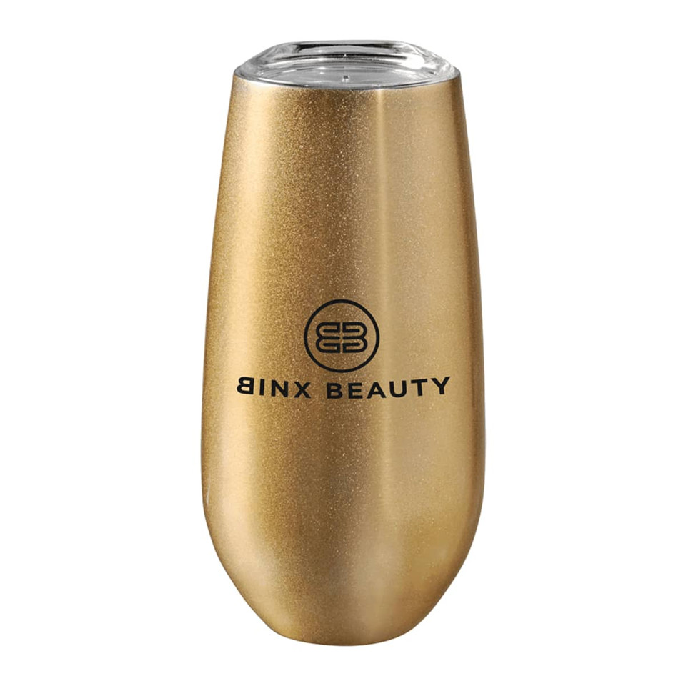 A drink bottle featuring a gold matte finish, with a clear lid and a logo on the front.