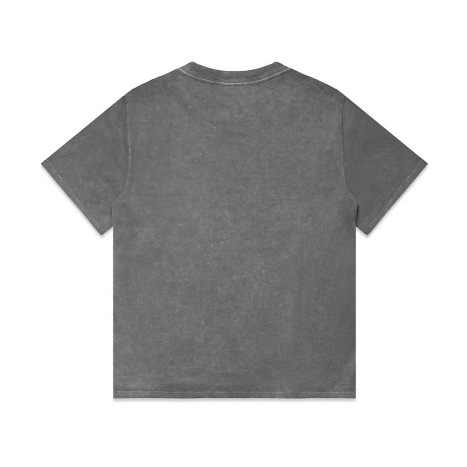 A grey stone wash heavy tee with a classic short-sleeved design and a plain back. Features a small logo.