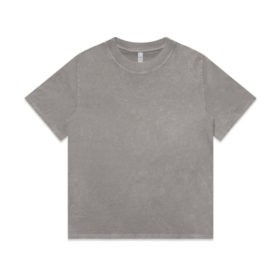 A grey stone wash heavy t-shirt featuring a casual design and a logo.
