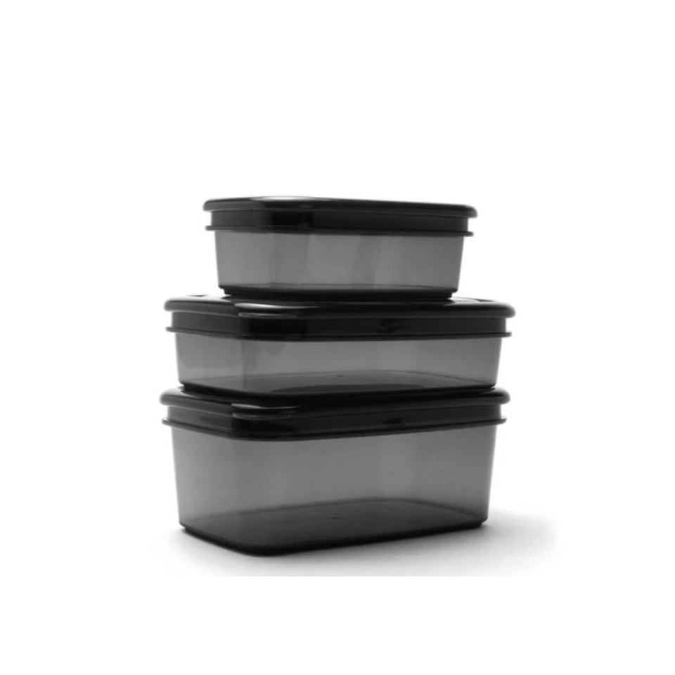 Stacked black plastic food storage containers with lids.