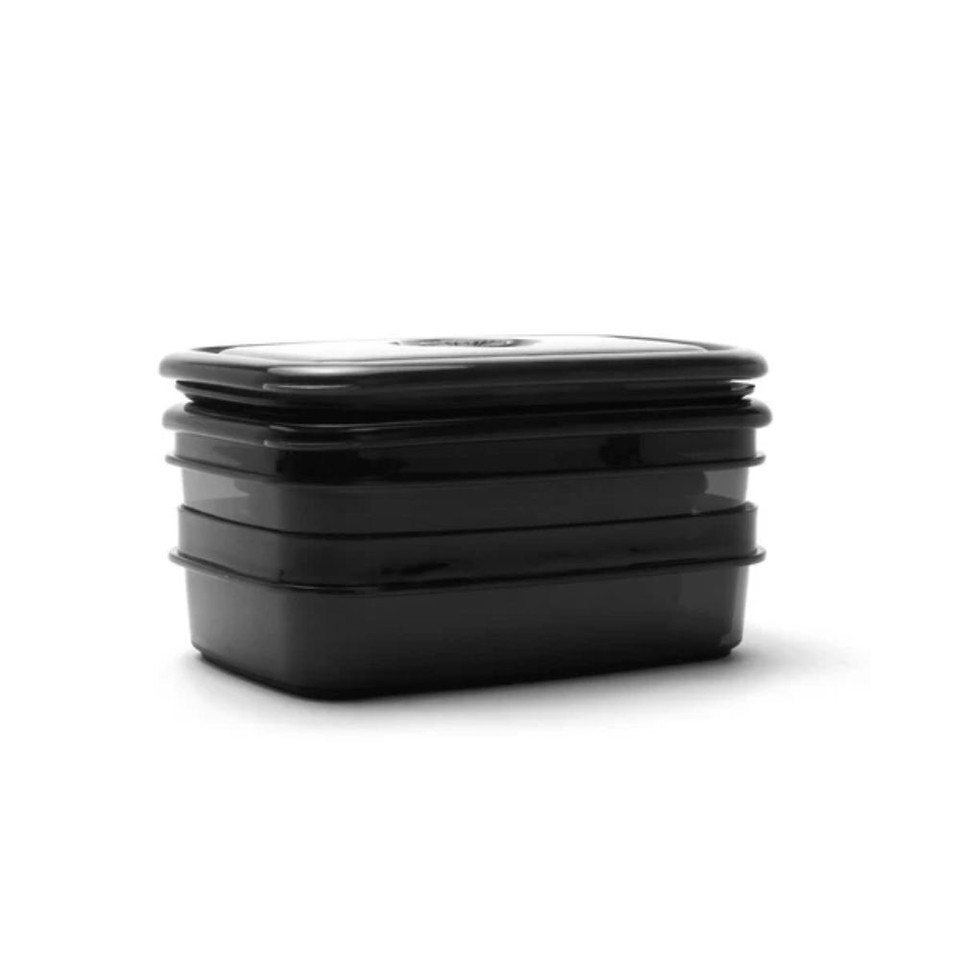 Black stackable bento lunch box with secure lid.