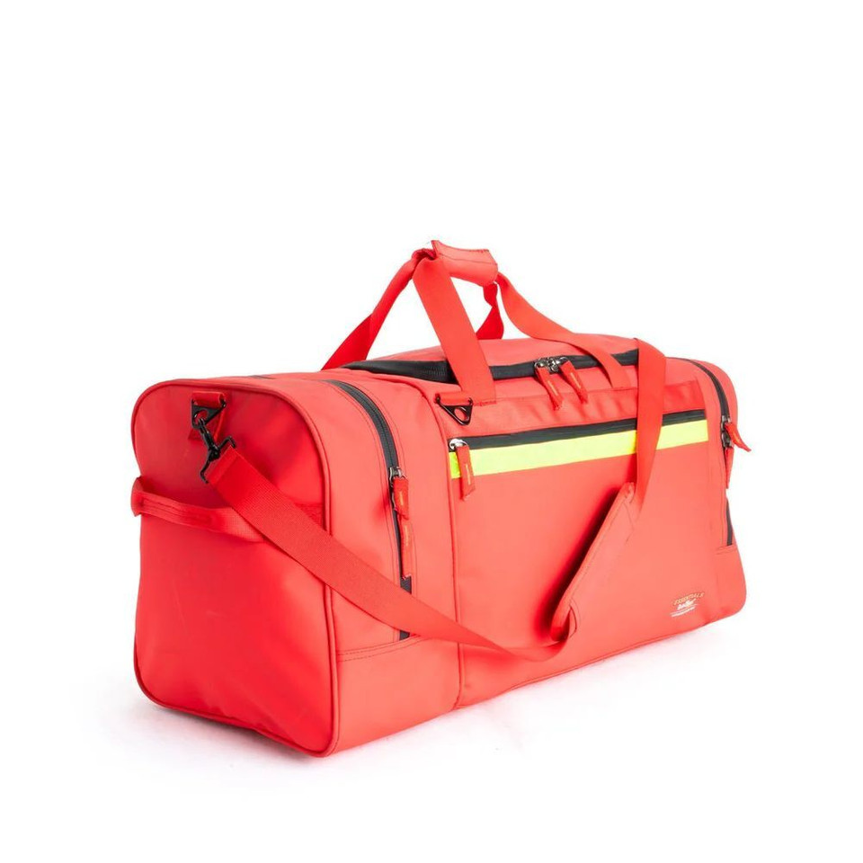 Red duffel bag with shoulder strap and multiple zippers.