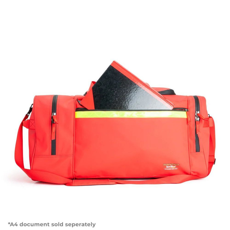 Red duffel bag with side pockets, carrying a black folder.