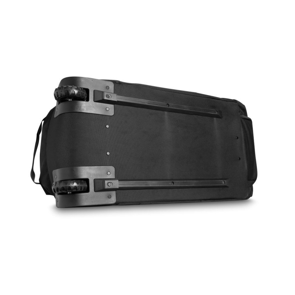 Close-up of durable rolling backpack wheels on textured black fabric.