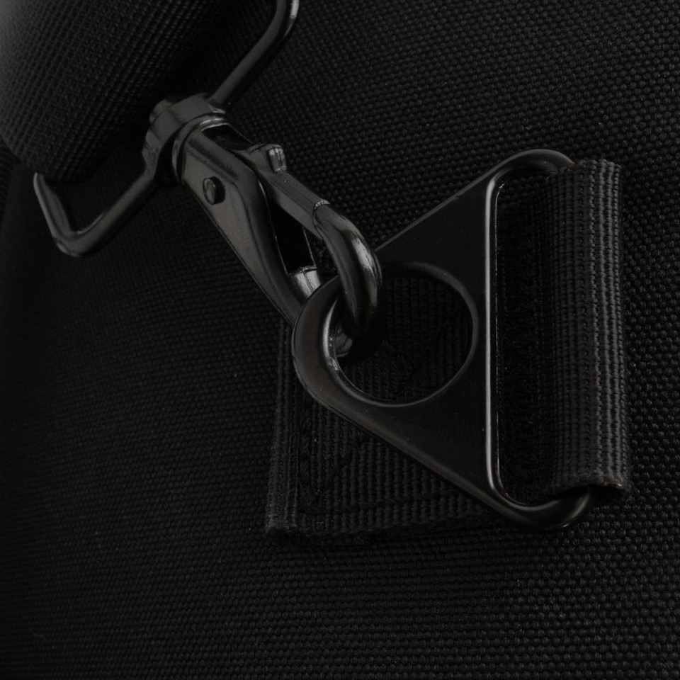 Black carabiner clip on durable fabric bag strap close-up.