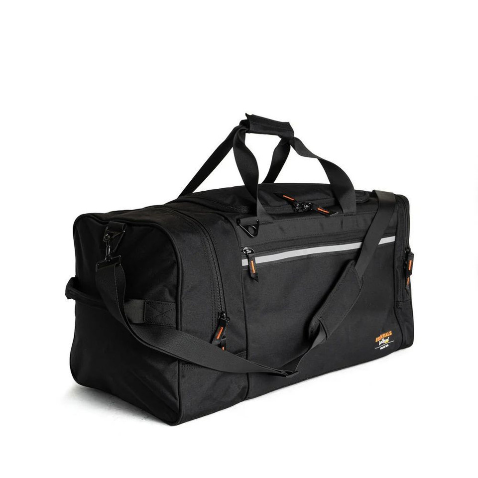 Black duffel bag with shoulder strap, ideal for travel or gym.