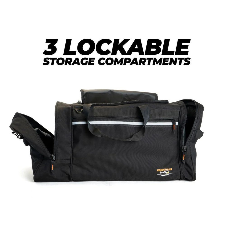 Black travel bag with three lockable storage compartments displayed against a white background.
