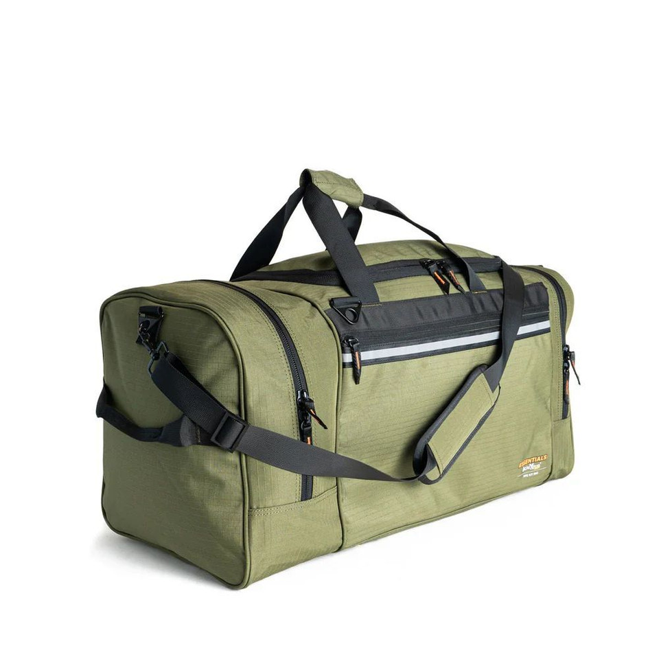 Green duffel bag with black straps and multiple compartments.