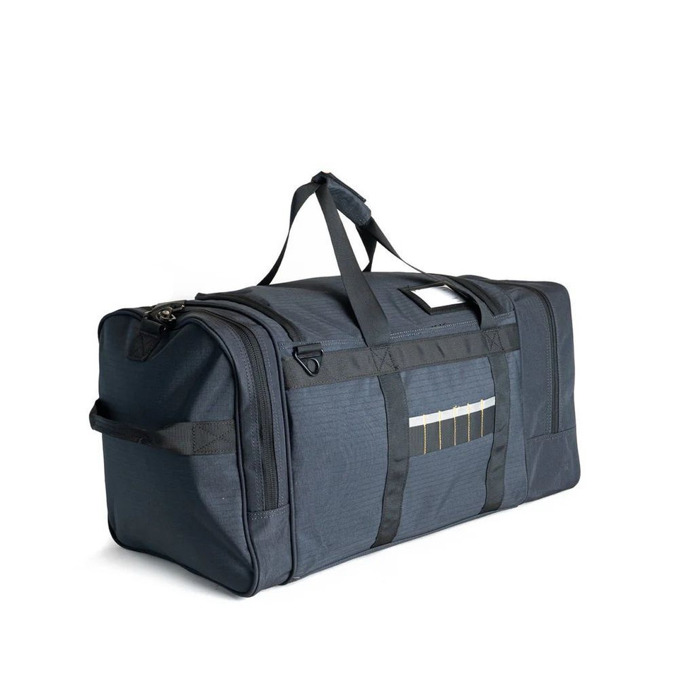 Blue tactical duffel bag with handles and side compartments.