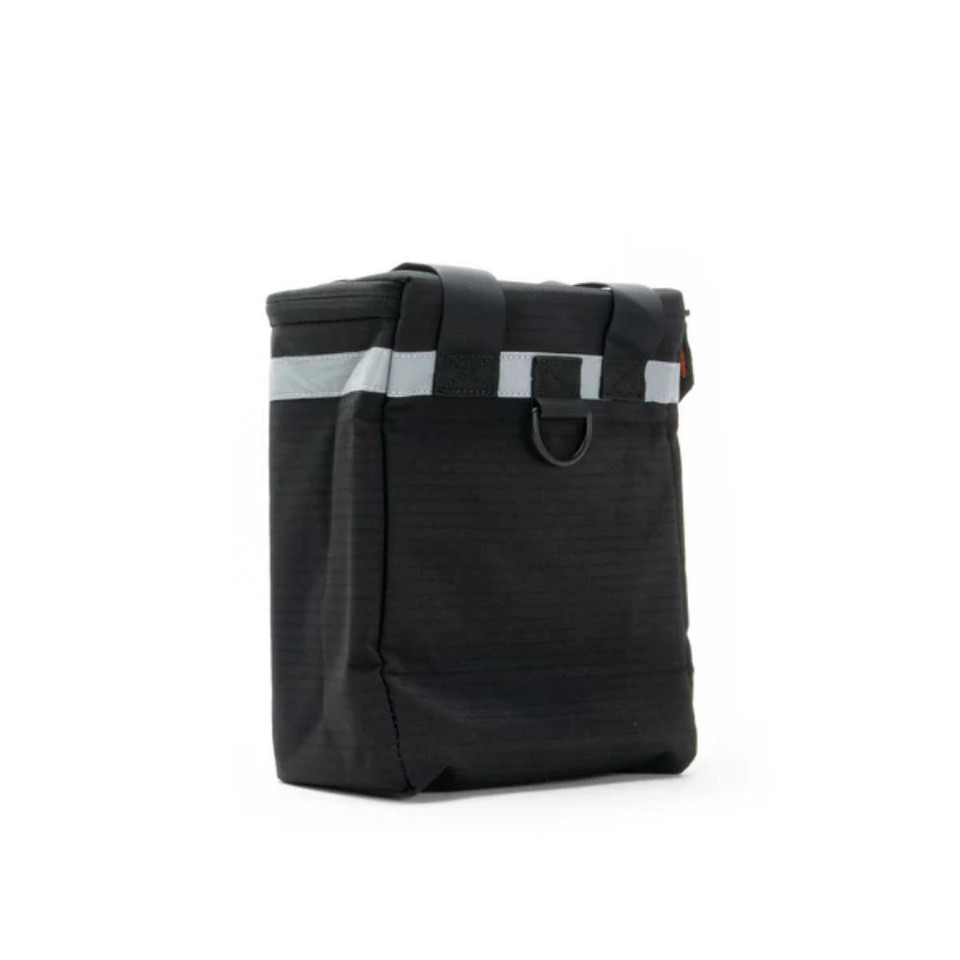 Blackinsulated cooler tote bag with reflective strip and secure straps.