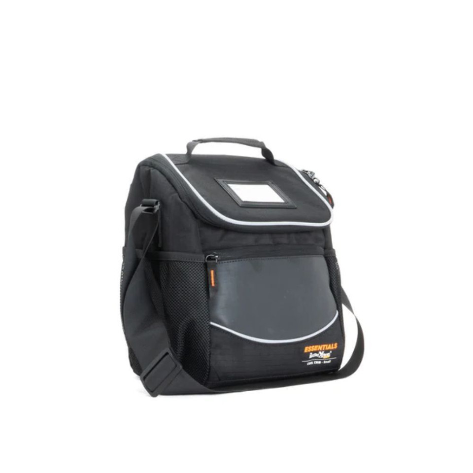 Black insulated lunch cooler bag with shoulder strap and front pocket.