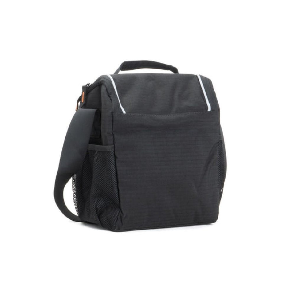 Black portable shoulder bag with front pocket and adjustable strap.