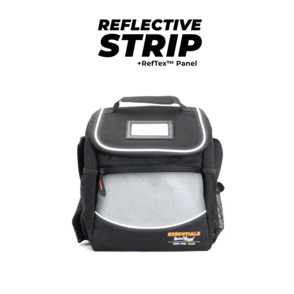 Reflective backpack with ReFTex panel and side mesh pocket for safety and storage.