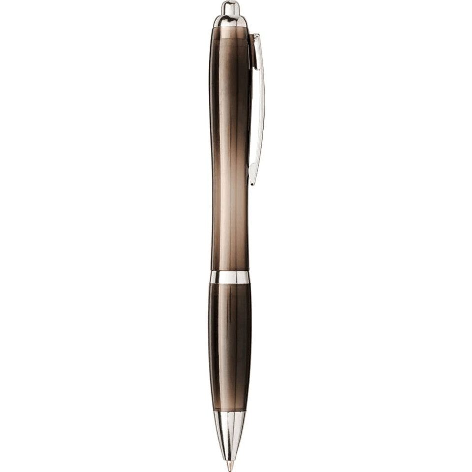 A grey and silver ballpoint pen with a sleek design and a logo on the barrel.