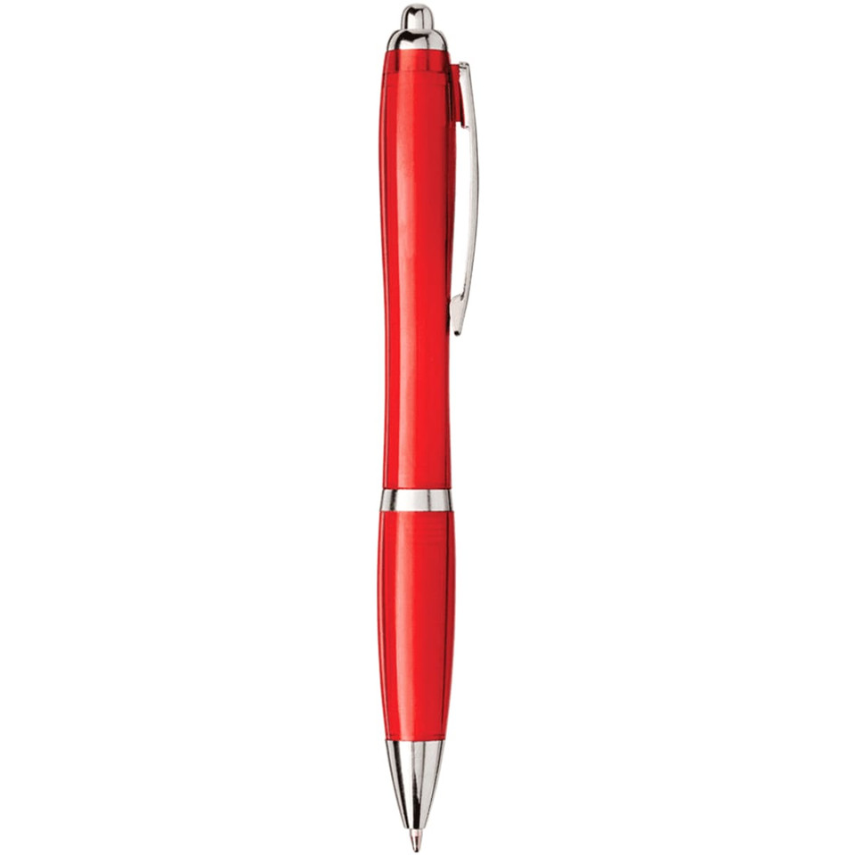 A red ballpoint pen made from recycled PET with a silver clip and accents, featuring a logo.