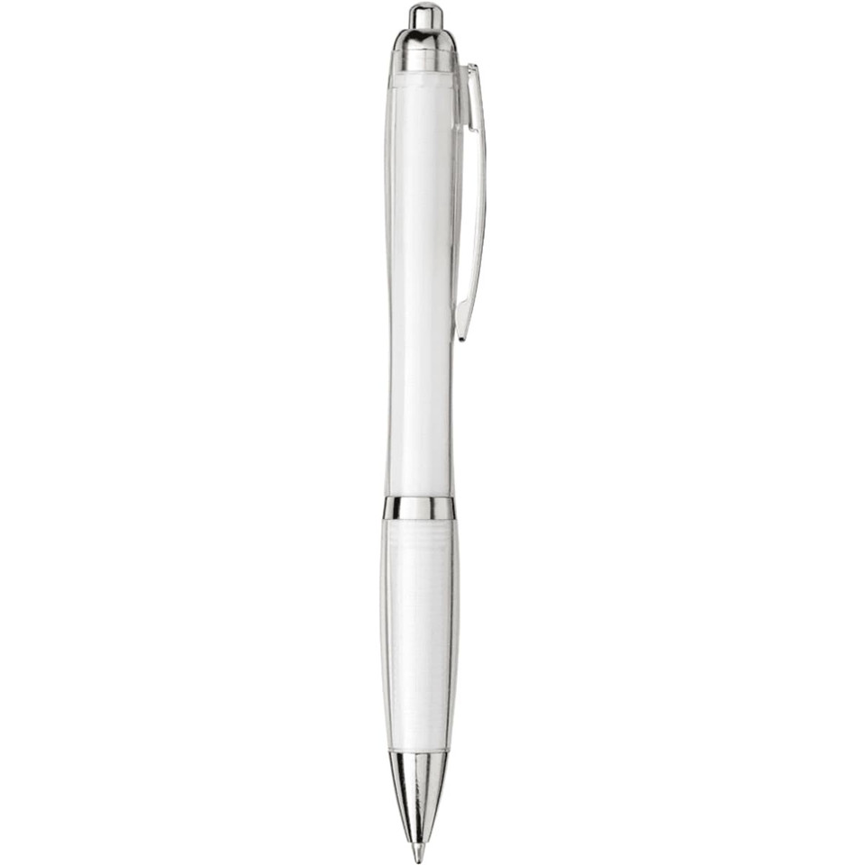 A white ballpoint pen with a clear barrel and silver accents, featuring a logo.