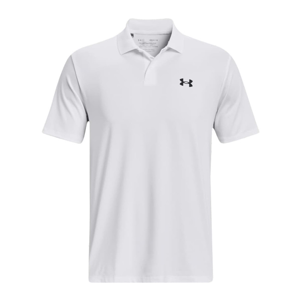 A white men's polo shirt featuring a small black logo on the chest.
