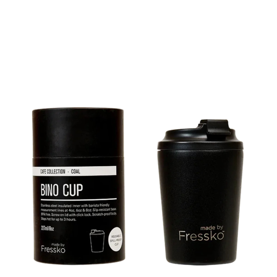A reusable black cup with a sip-resistant lid and a stainless steel interior, featuring a branding logo.