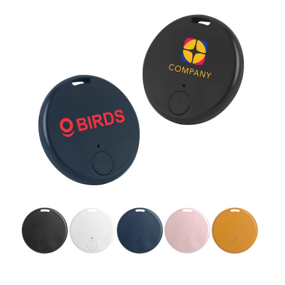 A set of circular anti-loss smart tags in various colours, featuring branding on two of the tags.