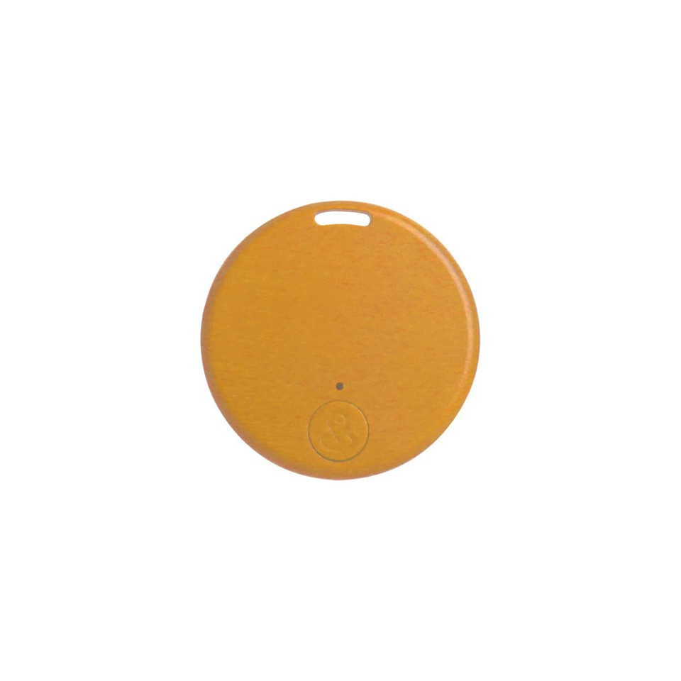 A round, yellow anti-loss smart tag featuring a small indicator light and a hole for attachment.