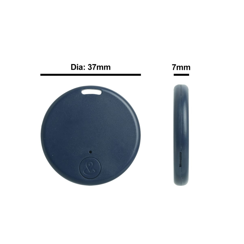 A dark blue circular anti-loss smart tag, measuring 37mm in diameter and 7mm in thickness, with a logo on one side.