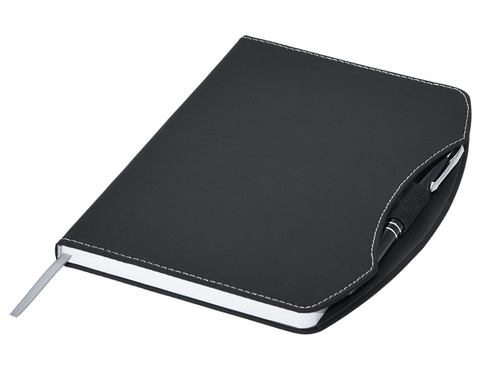 A black A5 notebook with a stitched finish, featuring a pen holder and ribbon marker. It has a logo on the cover.