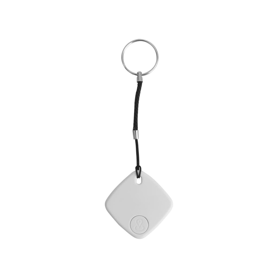 A white diamond-shaped smart tag with a black strap and a silver keyring.