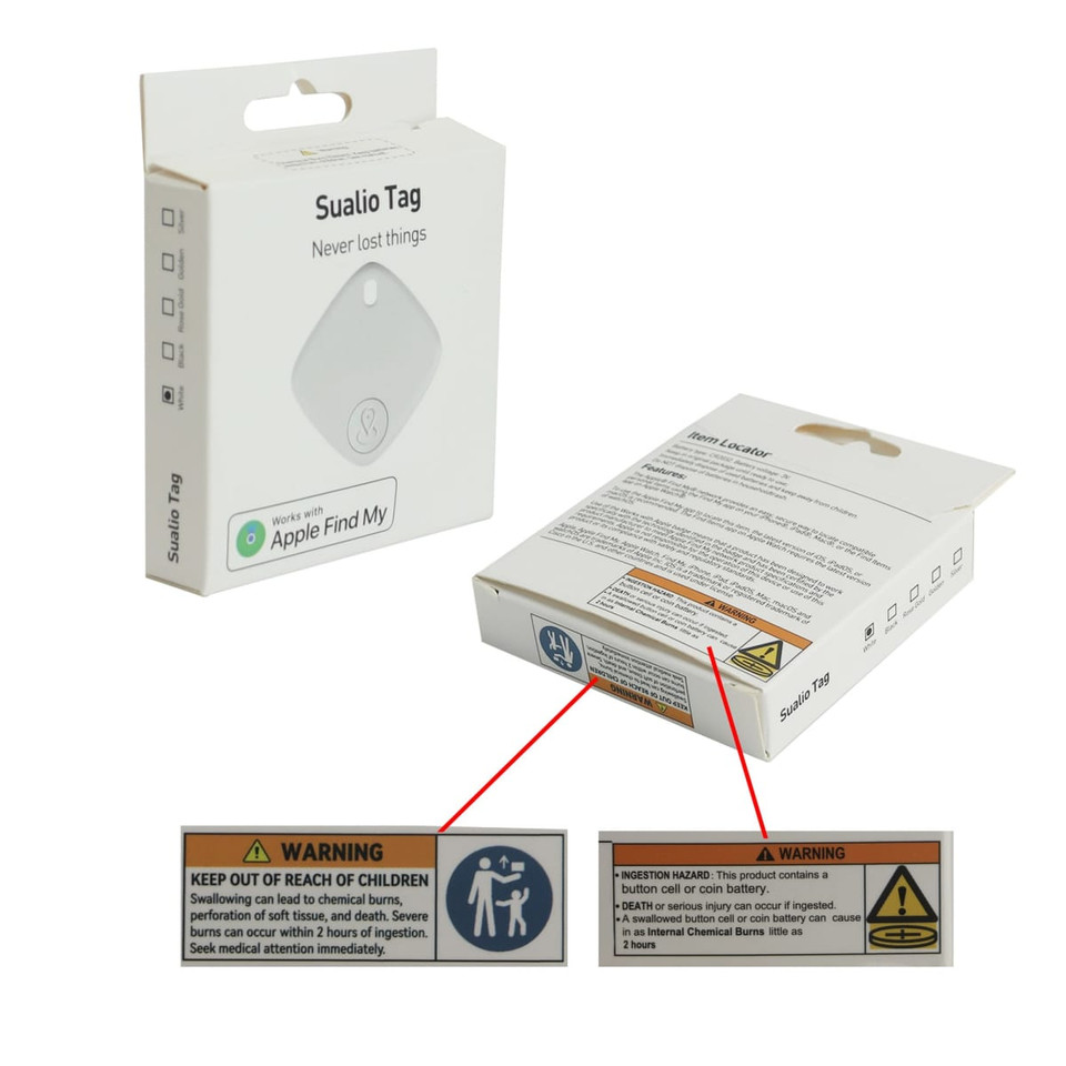 A small white smart tag in a cardboard package with various warning labels and a logo.