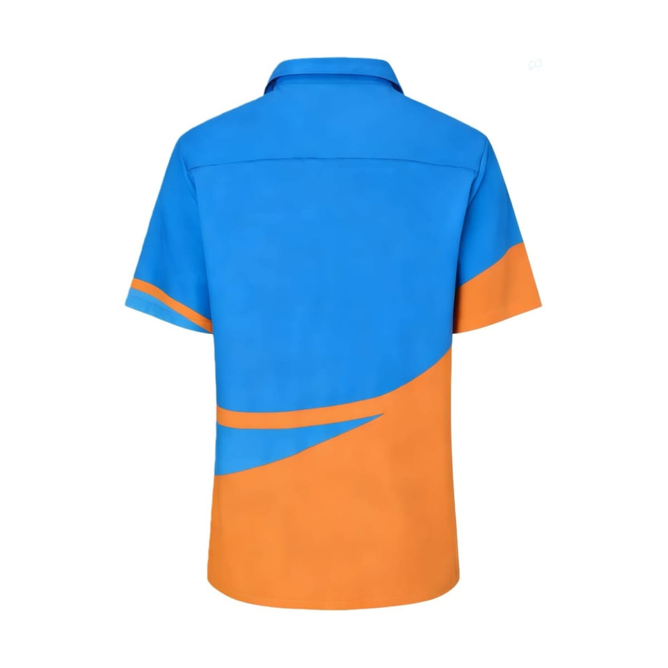 A short-sleeved shirt in blue and orange with a logo on the back and a stylish design.