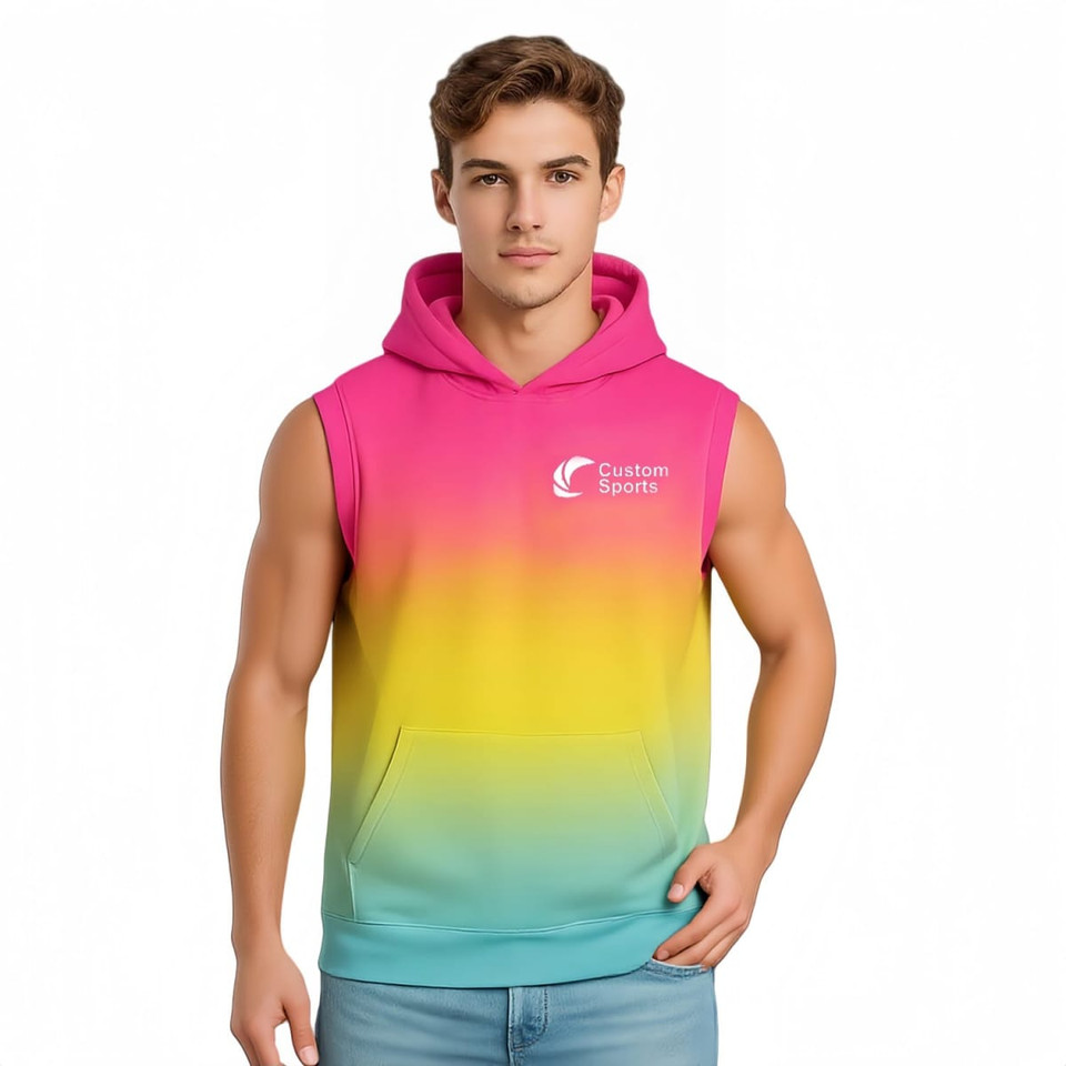 A sleeveless hoodie featuring a pink to yellow gradient, with a front pocket and a logo.