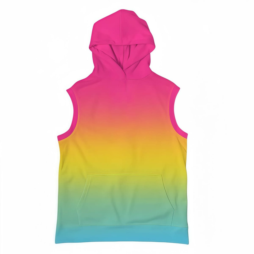 A sleeveless hoodie in a gradient of pink, yellow, and blue, featuring a front pocket and a hood.