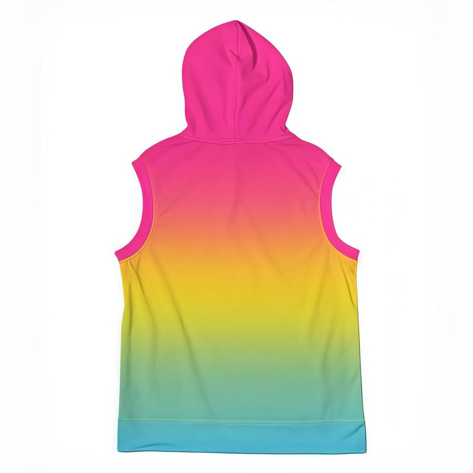 A sleeveless hoodie featuring a vibrant gradient from pink to yellow to blue, with a hood and a pocket.