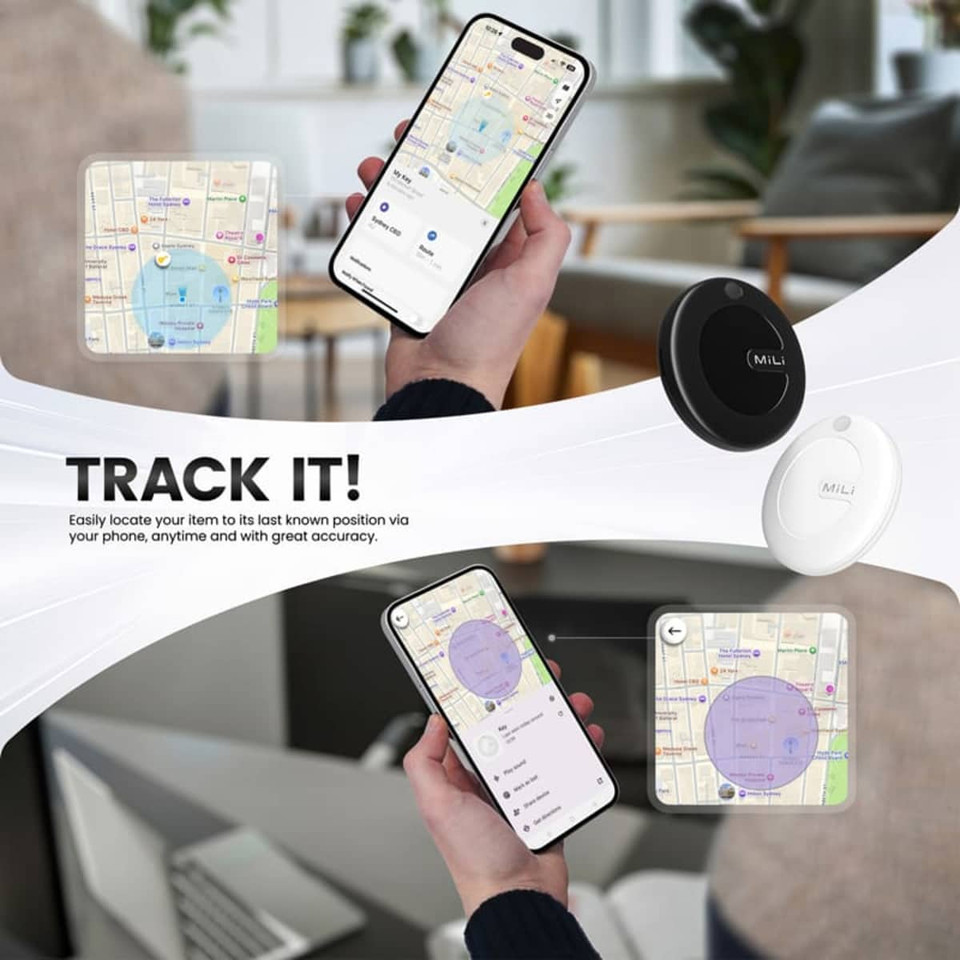 A black and white tracking tag is displayed alongside a smartphone showing a map with location markers.