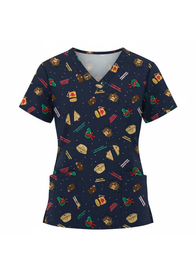 A navy Christmas scrub top featuring festive patterns such as gifts, ornaments, and holiday treats, with two front pockets.
