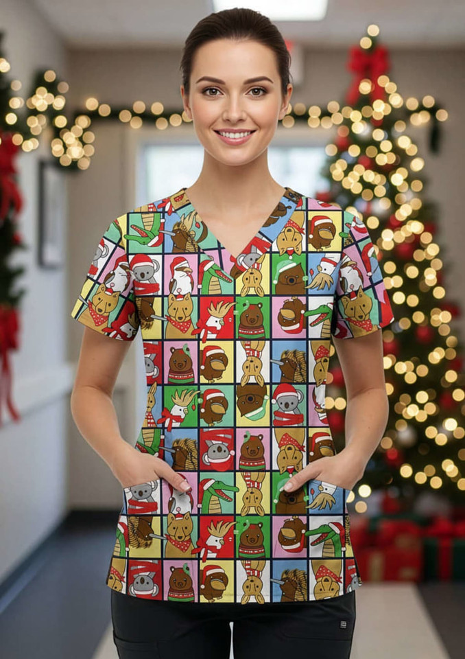 A women's Christmas scrub top featuring a vibrant pattern of festive animals and holiday designs in various colours.