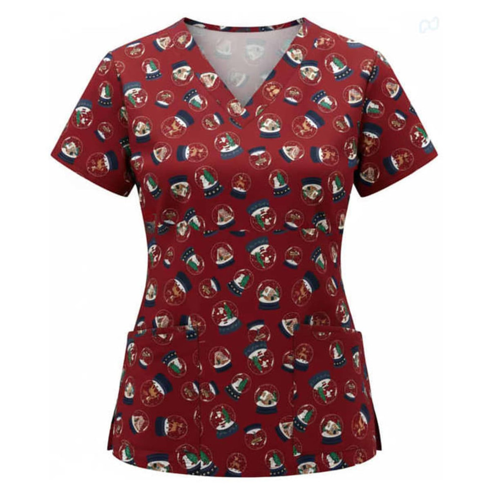 A women's Christmas scrub top in a festive red colour featuring various holiday-themed designs and a logo.