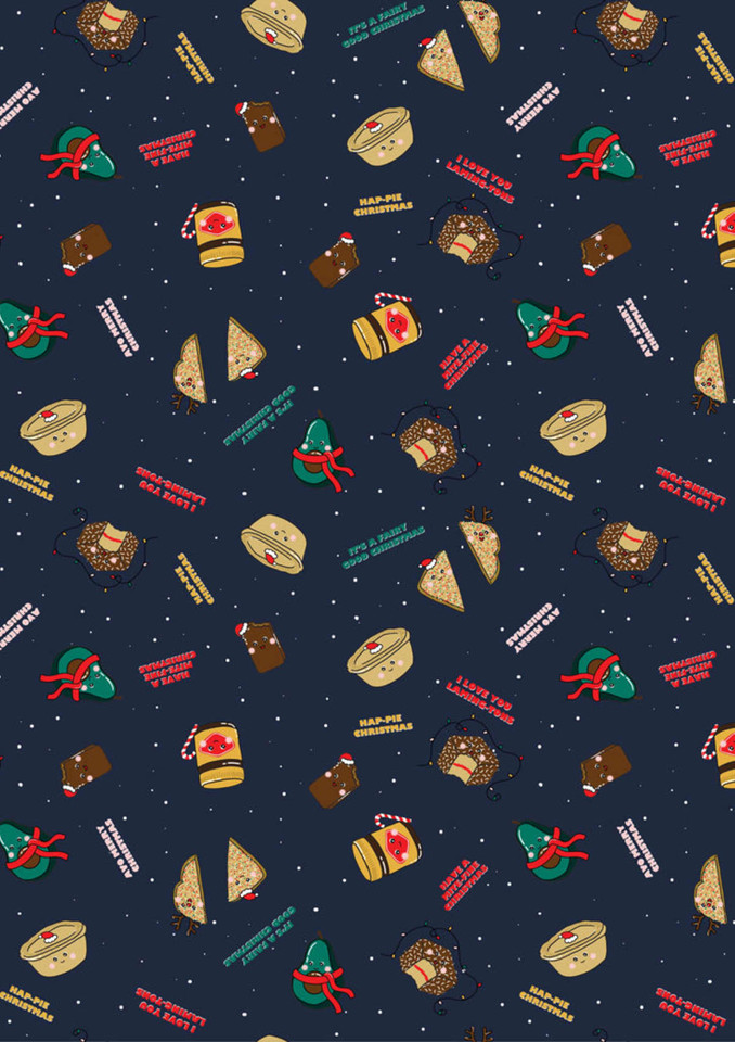 A unisex Christmas scrub top featuring a playful pattern of festive items in a navy blue background with various colours.