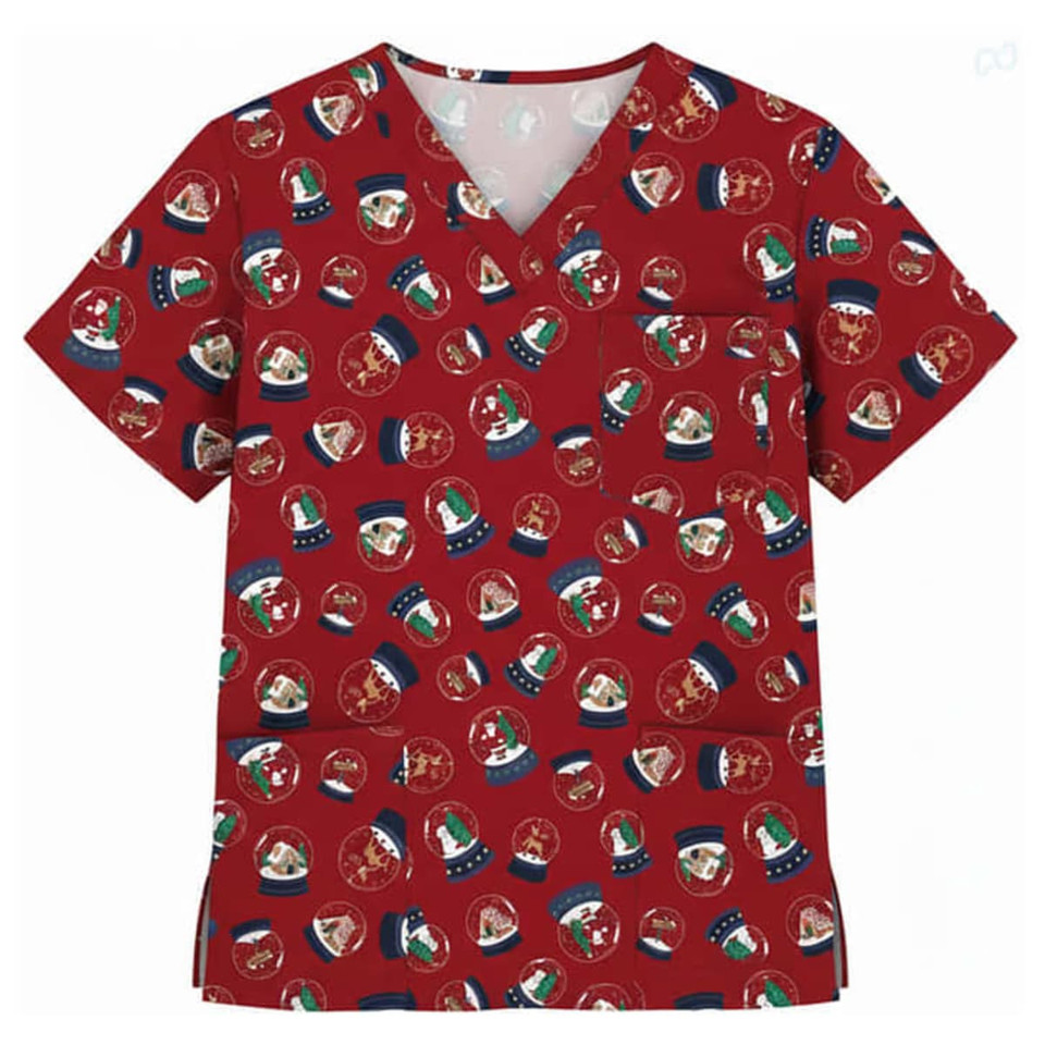 A unisex Christmas scrub top in red featuring a festive pattern of bells, Santa hats, and other holiday motifs.
