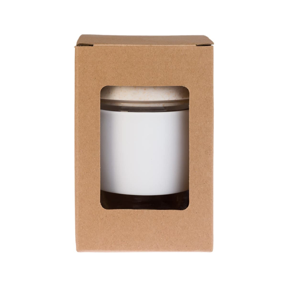 A reusable coffee cup with a silicone band, presented in a cardboard packaging with a viewing window.