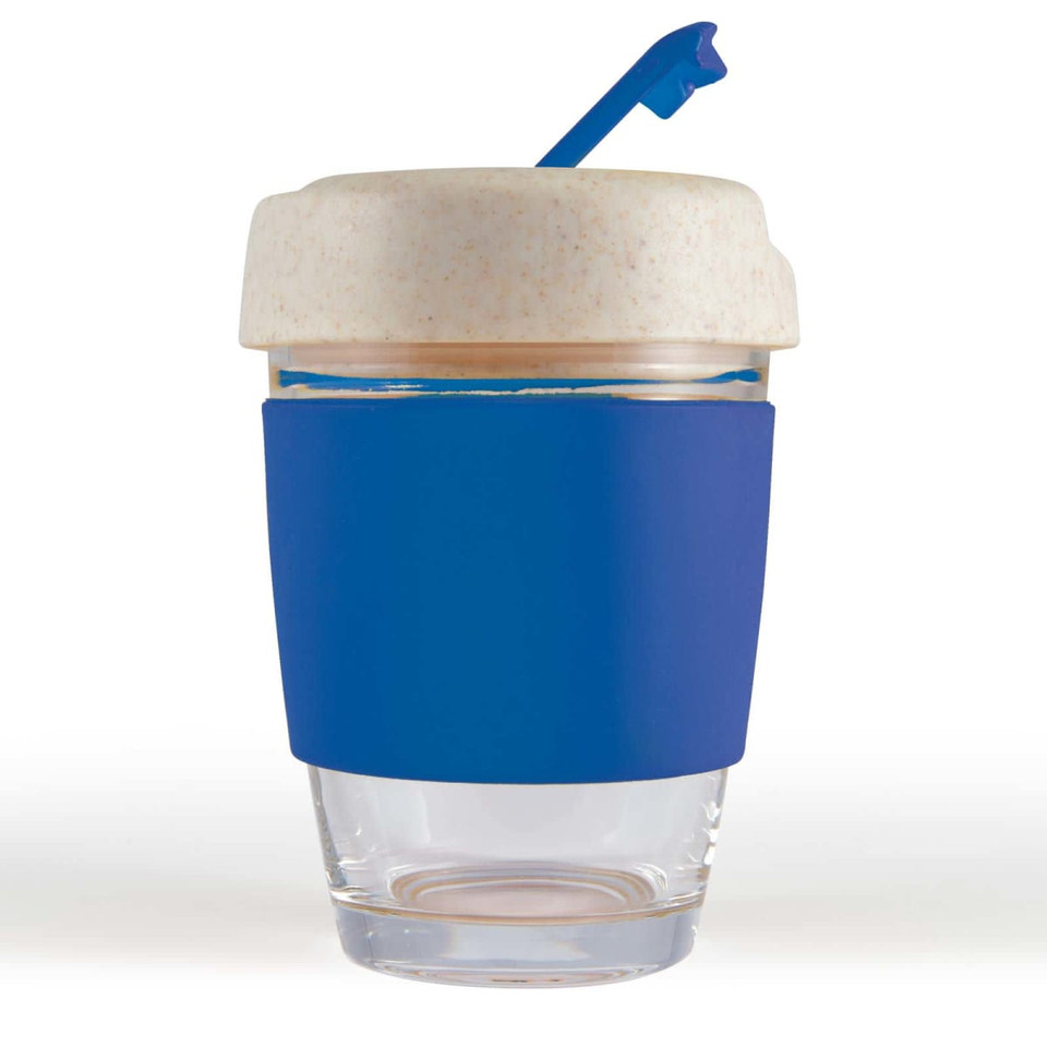 A reusable coffee cup with a clear glass body, a blue silicone band, and a cream-colored lid with a straw.