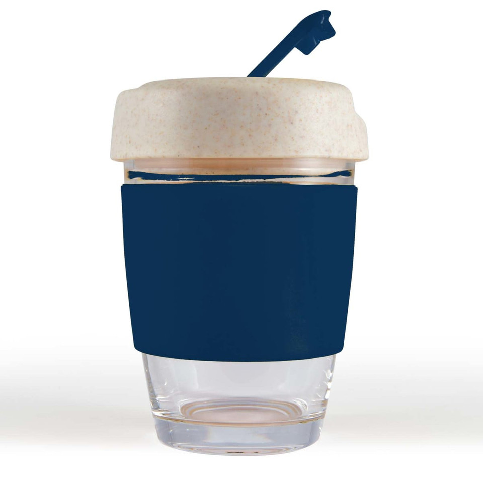 A reusable coffee cup with a clear base, beige lid, and navy silicone band, featuring a straw.