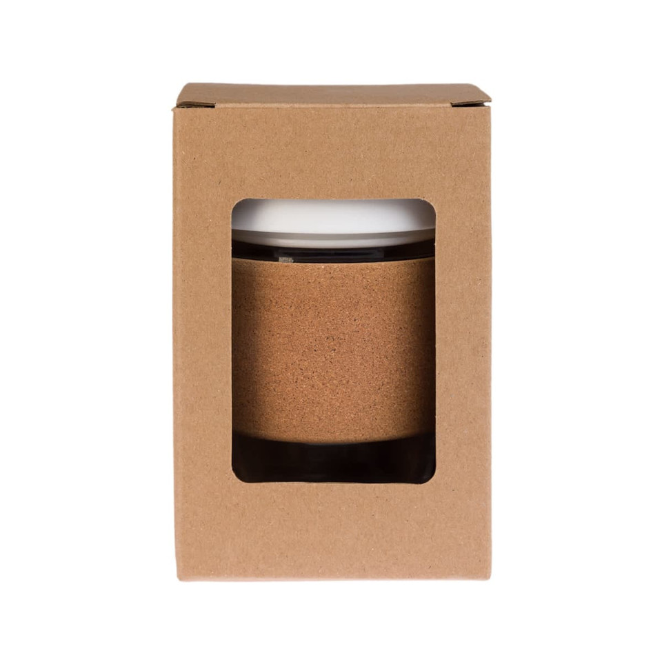 A reusable coffee cup with a cork band, presented in a simple cardboard packaging.
