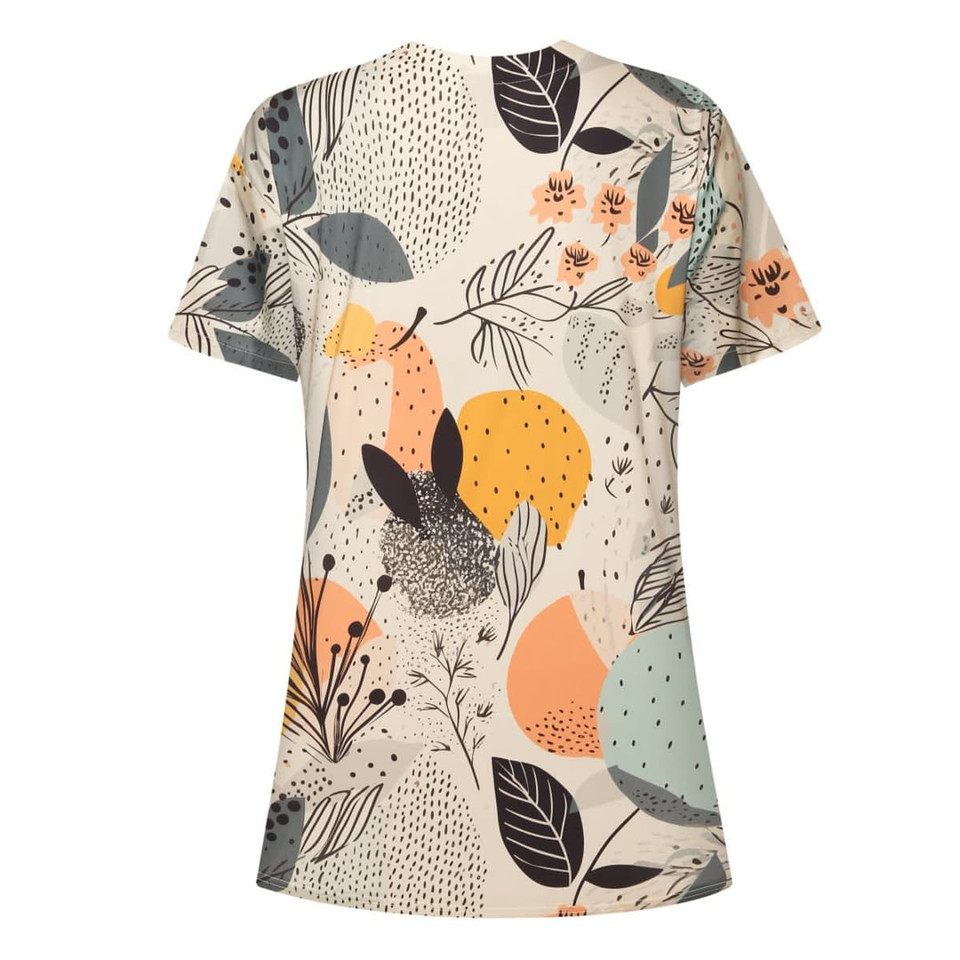 A short-sleeved cotton Hawaiian shirt featuring a colourful abstract pattern with leaves, flowers, and playful shapes.