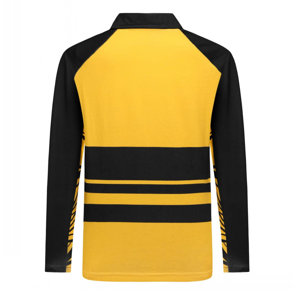 A yellow and black Hawaiian shirt featuring a striped design with a collar and long sleeves. It has a logo on it.