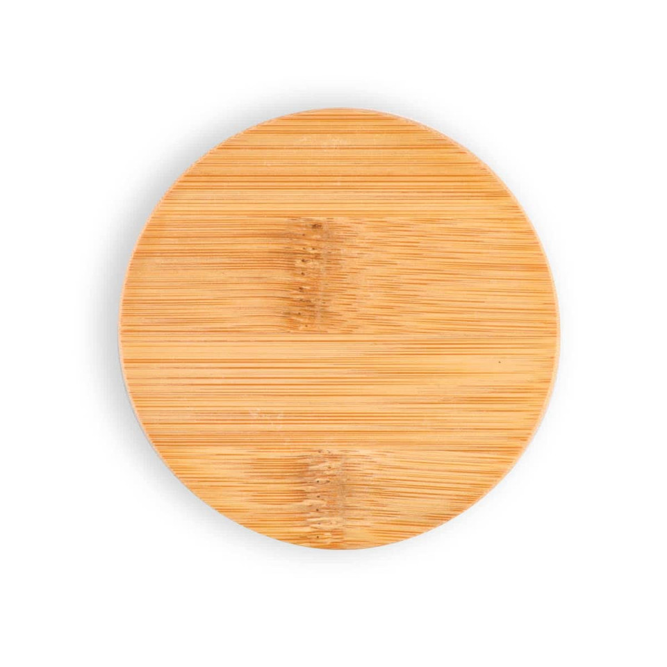 A round bamboo lid designed for a drinkware container, featuring a smooth surface and a minimalist style.